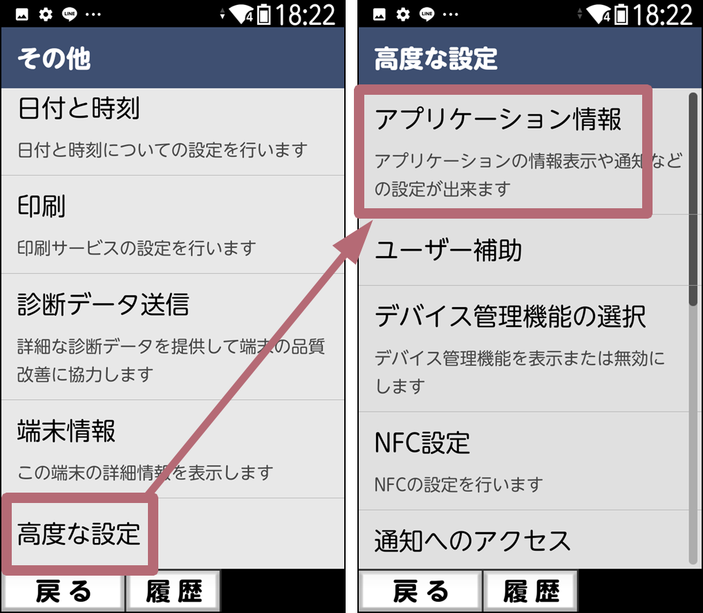 高度な設定、アプリケーション情報の順にタップする手順を示した画像